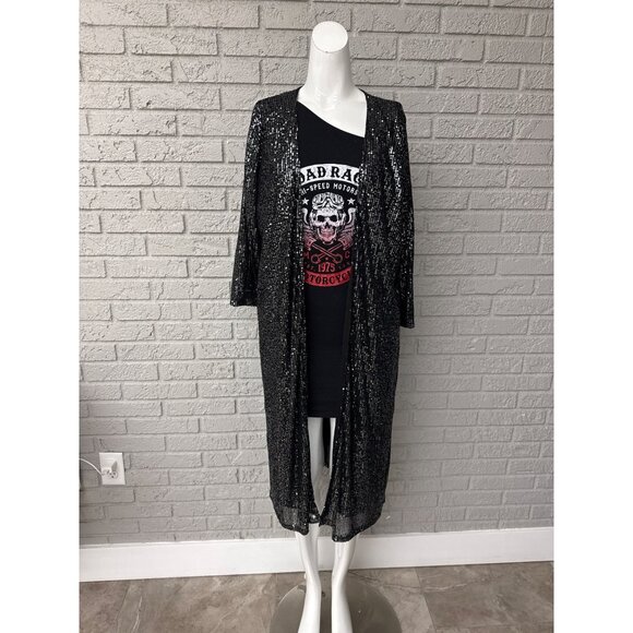 Good Days Only Women Black Open Front Sequined Duster Size M - Picture 3 of 10